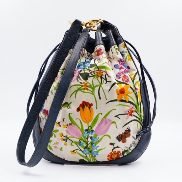Gucci Handbags - Vintage Gucci Floral Print Bucket Bag - Navy and Multicolor